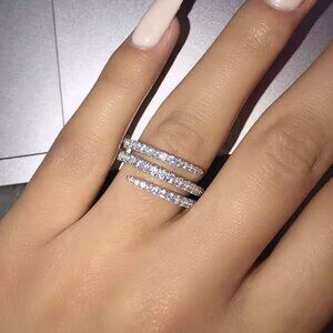 White Zirconia Micro Pave Thin Multi-Layered Wrap Ring, Sterling Silver Setting